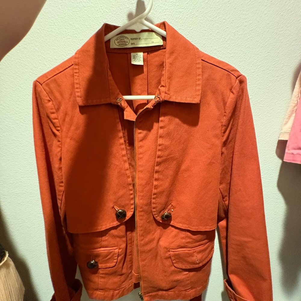 Sitwell Anthropologie Orange Belted Zip-Up Jacket w/ Leather Buttons